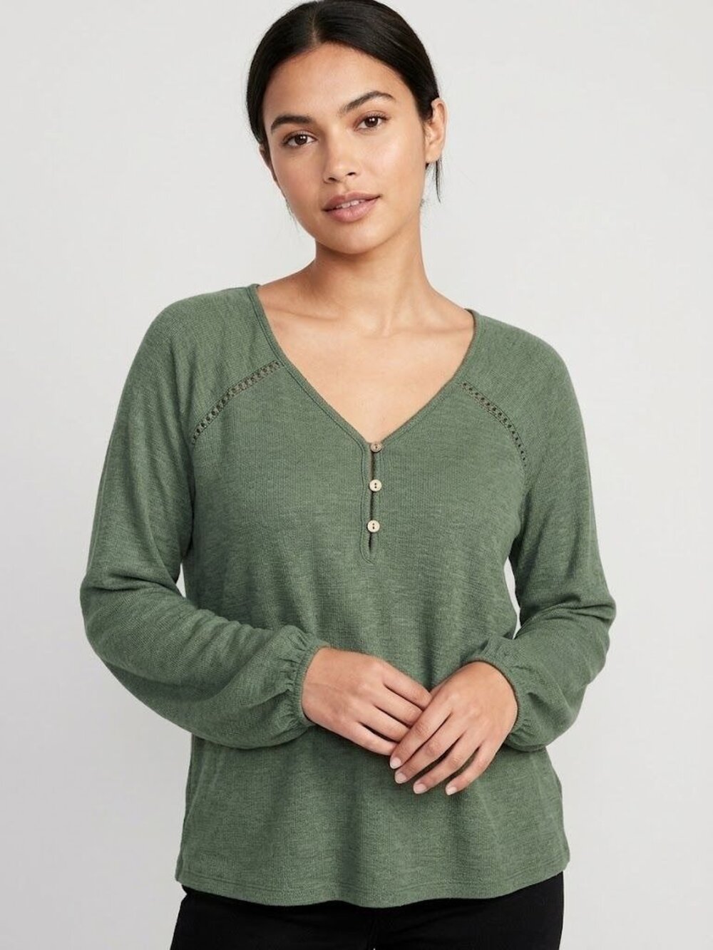 Old Navy Green Long Sleeve Button V-Neck Womens Top Medium Lightweight Casual